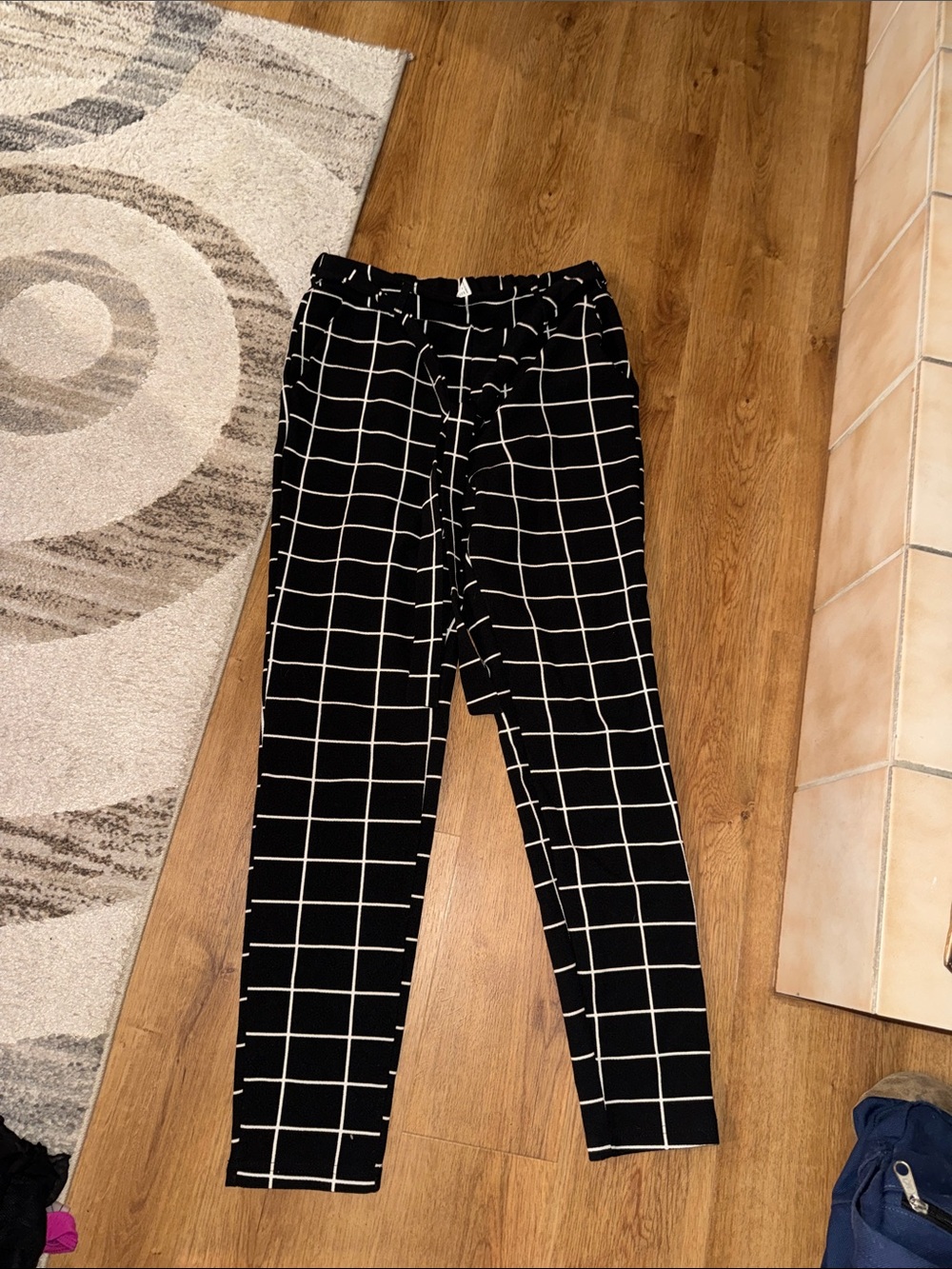 Black Grid Print Slim Pants